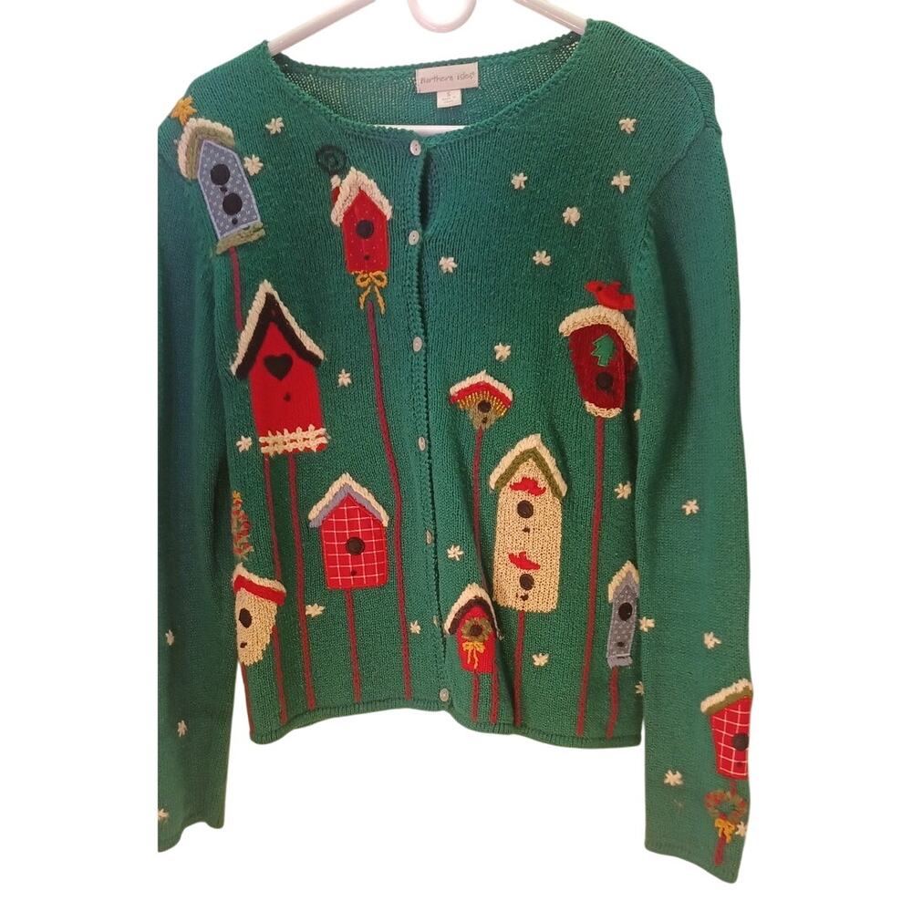 Vintage Northern Isles Christmas Birdhouse Cardigan Sweater Green Size Small